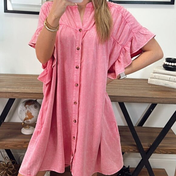 Boutique Dresses & Skirts - B260 Pink Ruffled Short Sleeve Buttoned Denim Mini Dress
